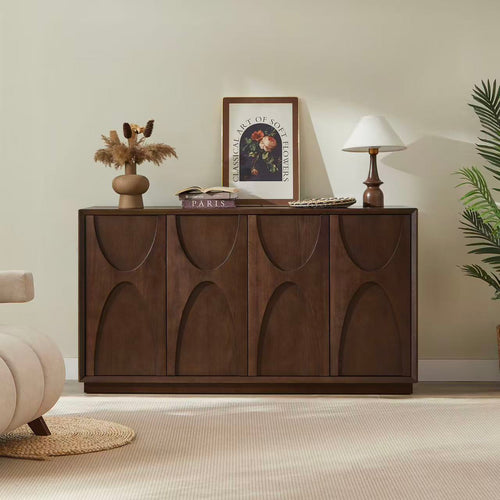 4 Door Accent Cabinet with Solid Wood Carved Doors, Adjustable Shelves