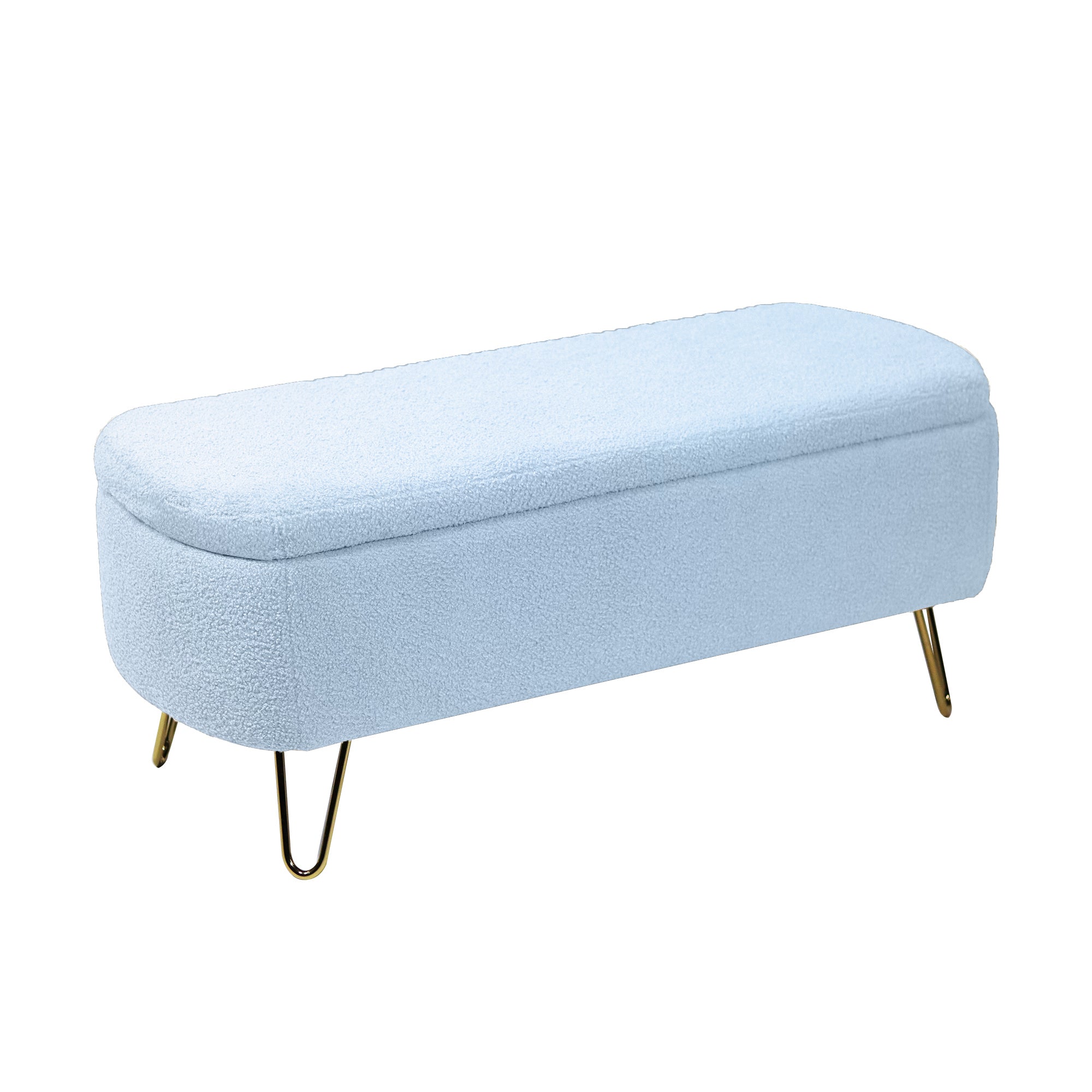 Blue Storage Ottoman Bench End Of Bed With Gold Legs Modern Faux Fur Upholstered