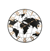 36" Black Metal World Map Silent Wall Clock