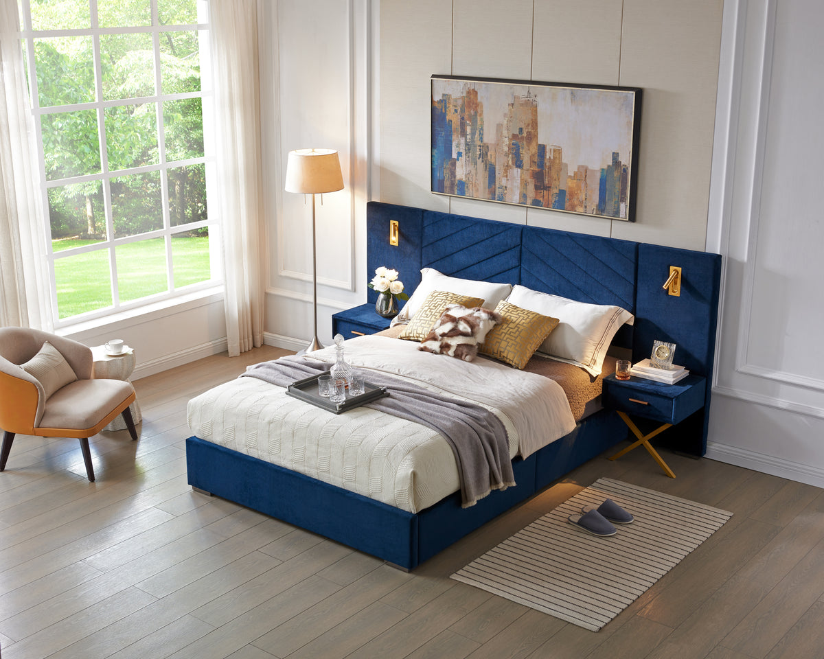 King Upholstered Platform Bed Blue