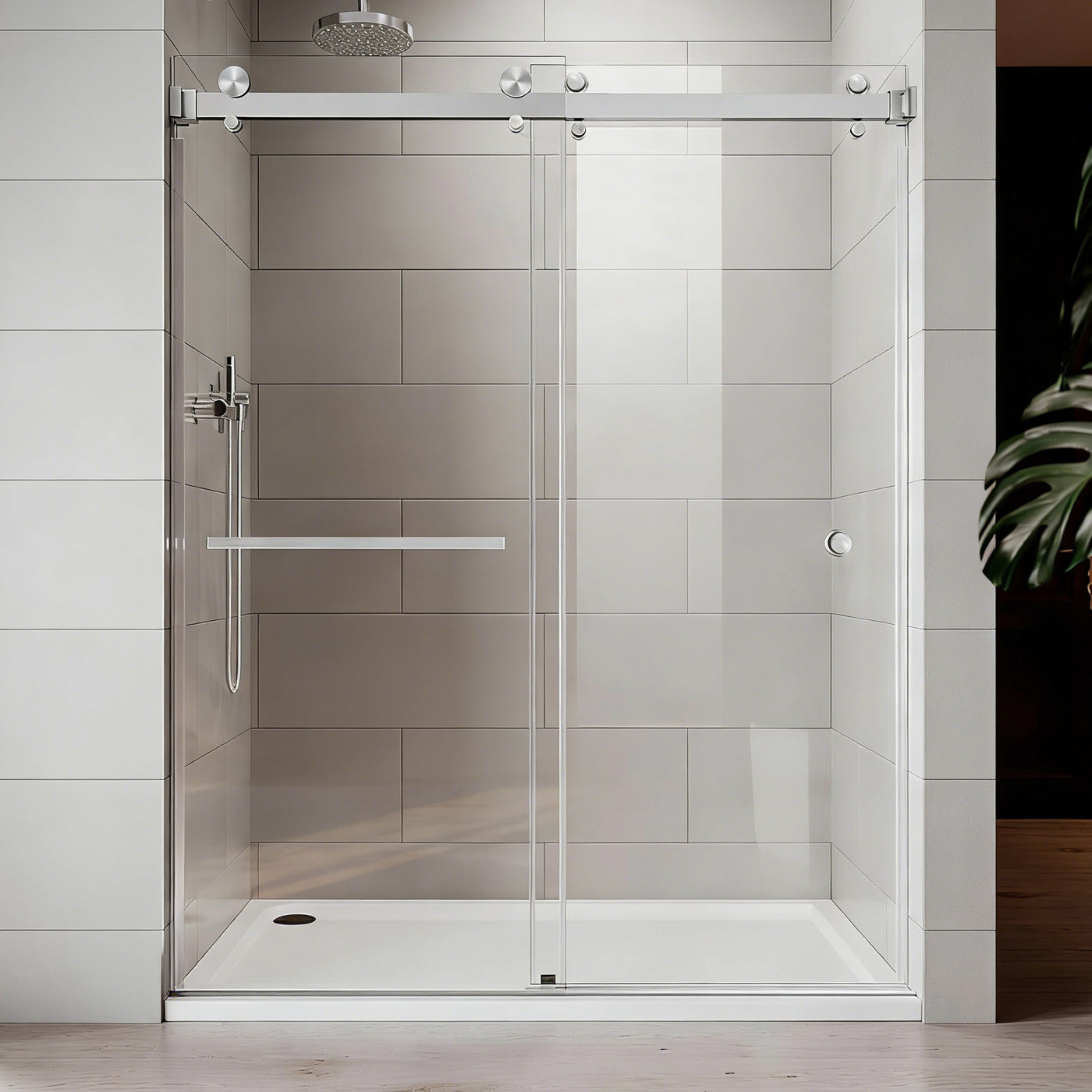 Frameless Double Sliding Shower Door 55-59"W 72"H Brushed Nickel