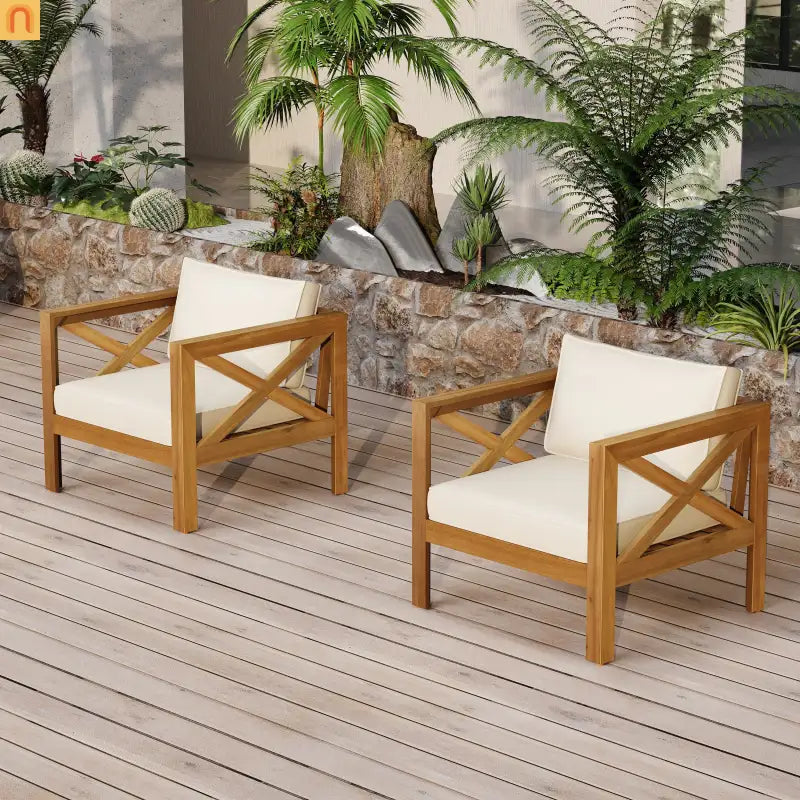 Outdoor Club Chair Set Acacia Wood Teak Beige Cushions Set of 2