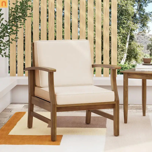 Outdoor Club Chair Acacia Wood Cream Cushion 400 lb Cap 28.25in