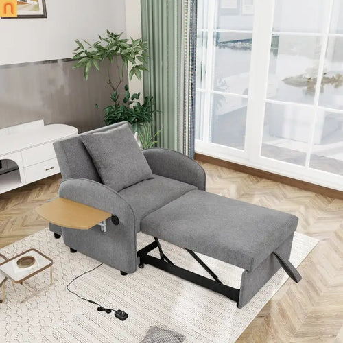 Chair 3-in-1 Convertible Linen Gray Adjustable USB Foldable