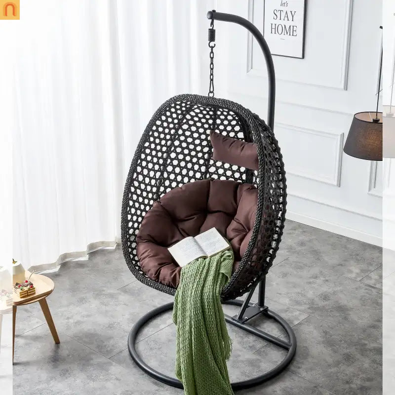 Outdoor Hanging Egg Swing Chair Wicker Black with Stand 79in