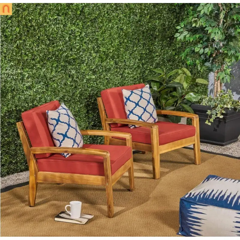 Outdoor Club Chair Acacia Wood Slat Panel Red Cushion Set of 2