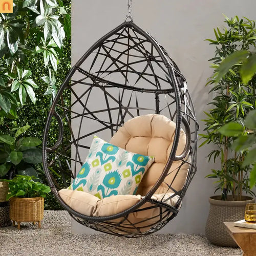 Outdoor Hanging Egg Chair PE Rattan Brown Waterproof Cushion 36.5in