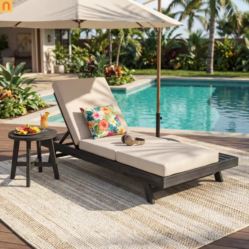 Chaise Lounge Acacia Wood Black Cream 4 Position Adjustable 79in