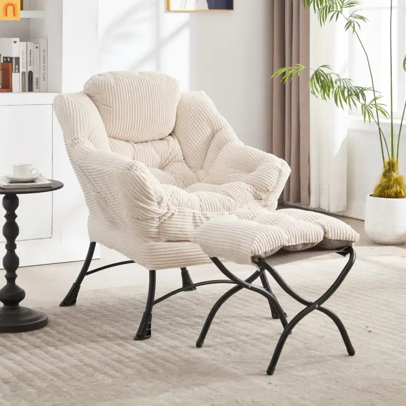 Accent Chair Lounge Flannelette White with Ottoman Steel Frame 250 lb