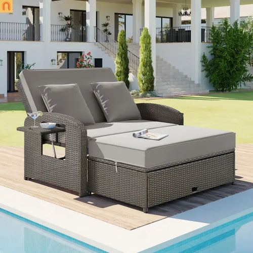 Outdoor Lounge Chair Rattan Gray 2-Person Adjustable 700 lb Cap