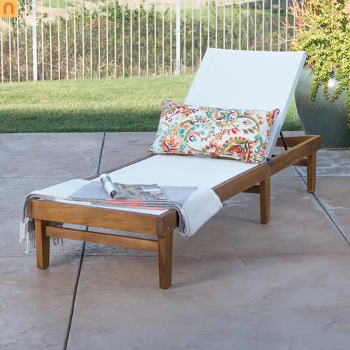 Outdoor Chaise Lounge Acacia Wood Teak Mesh Seat Adjustable 78.75in