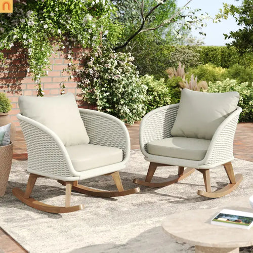 Outdoor Rocking Chair Rope Wood Beige Cushion Set of 2 29.5in