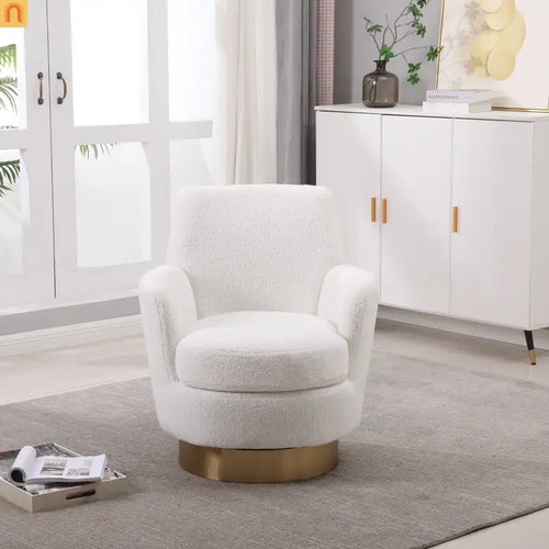 Accent Chair Barrel Swivel Faux Fur Ivory Gold Base 300 lb 29in