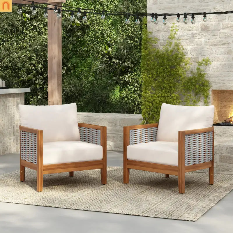 Outdoor Tub Chair Acacia Wood Rope Teak Beige Cushion Set of 2