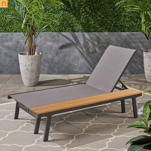 Chaise Lounge Aluminum Mesh Black 5-Position with Wood Side Table 77in