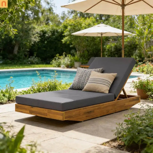 Chaise Lounge Acacia Wood Teak Dark Gray Cushion 79.6in 300 LB