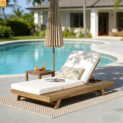 Chaise Lounge Acacia Wood Light Brown Cream Cushion 4 Position 79in