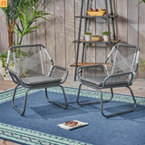 Outdoor Club Chair Woven Rope Gray Steel Frame Water Resistant Cushion