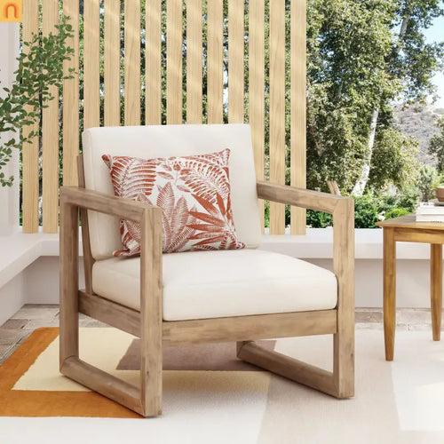 Outdoor Club Chair Acacia Wood Brown Beige Cushion Deep Seat 27.5in