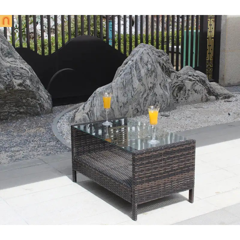Outdoor Coffee Table PE Rattan Brown Iron Tempered Glass 34.6x20.5in