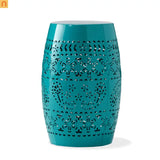 Outdoor Side Table Iron Teal Floral Lace Cut Drum 12.25x18in