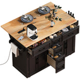 K&K 56.5'' Kitchen Island with Drop Leaf, Power Outlet, Embossed Vertical Stripe