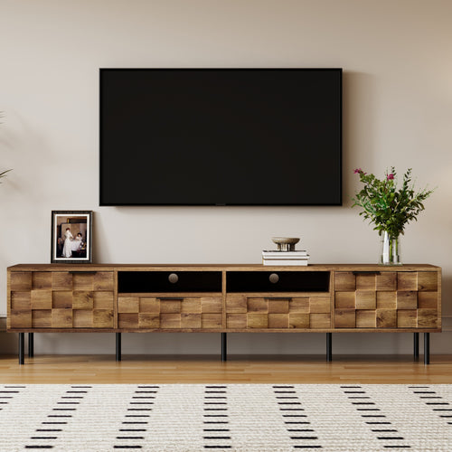 TV Stand Mid-Century Natural Particle Board 2-Drawer Open Storage Fits 85 In TV