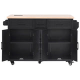K&K 56.5'' Kitchen Island with Drop Leaf, Power Outlet, Embossed Vertical Stripe