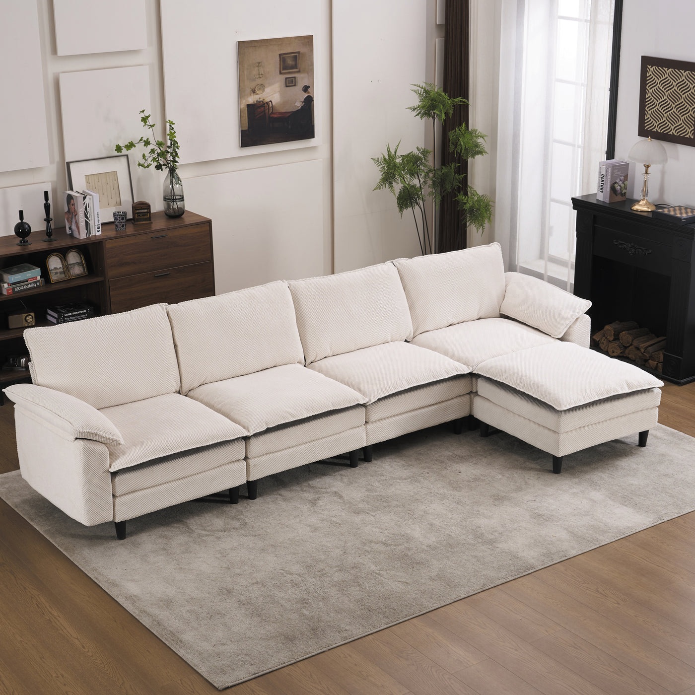 Black & White L-Shaped Cloud Sectional Sofa with Ottoman