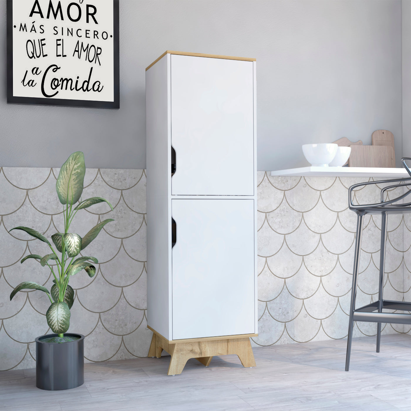 Pamplona Tall Microwave Cabinet Double Door Light Oak White