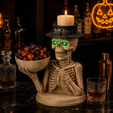Halloween Skeleton Figurine with Storage Bowl & Candle Holder, Spooky Halloween