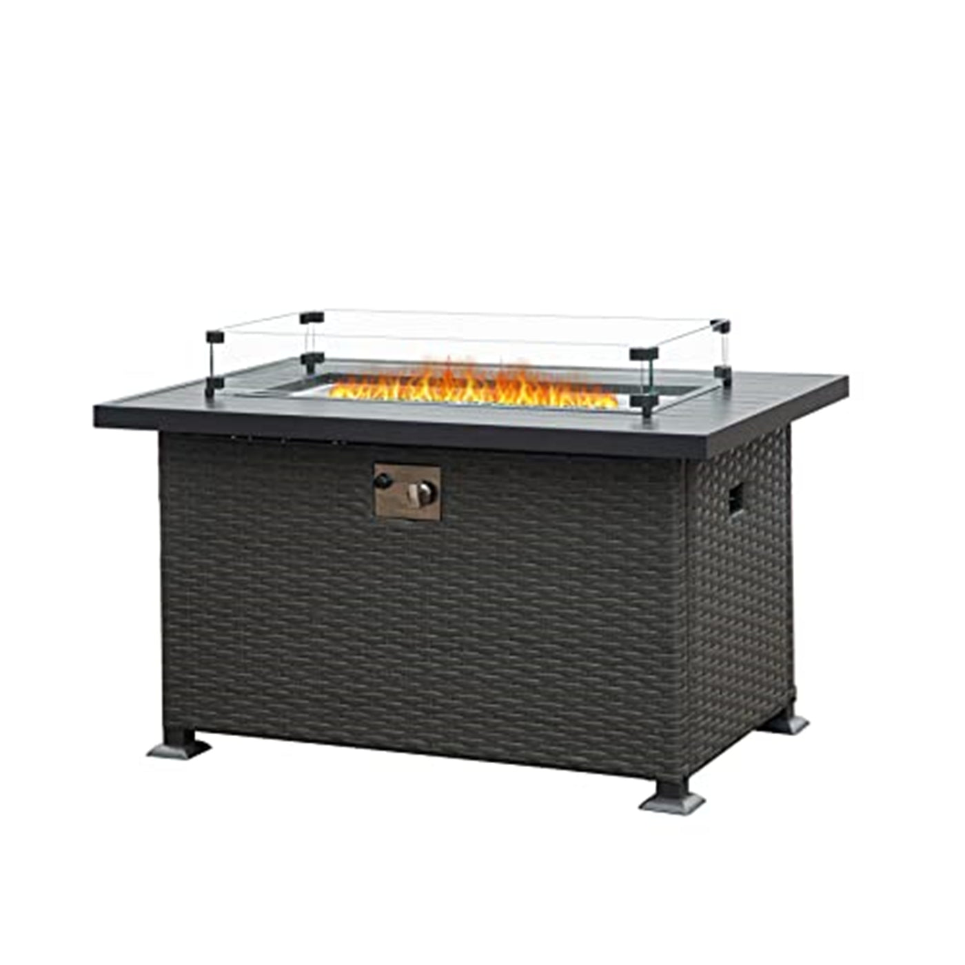 43.3 Inch Fire Pit Table with Glass Wind Guard 50000 BTU Wicker, Dark Gray
