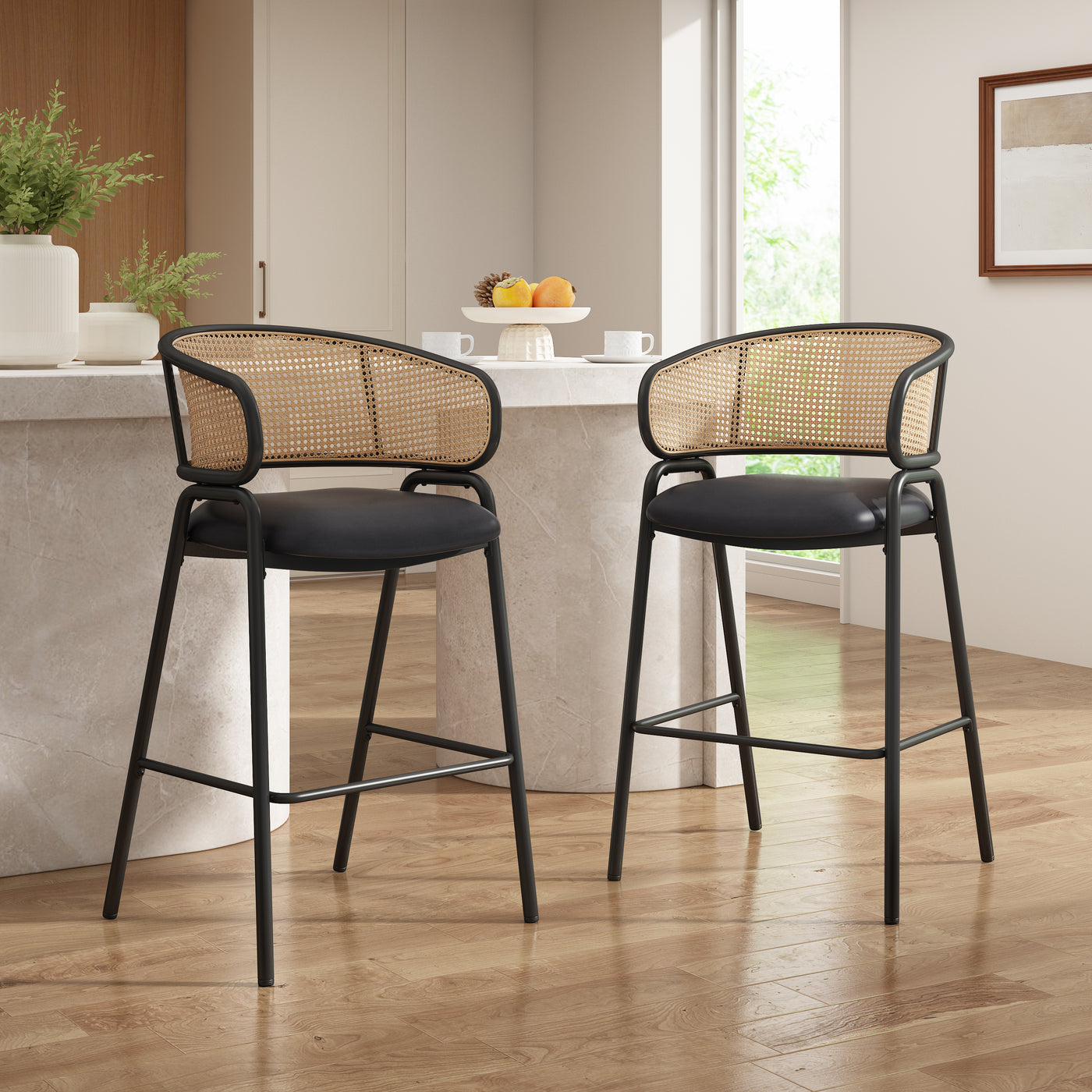 Ethan Indoor Metal Upholstered Barstool, Faux Leather Seat With Wowen Rattan Decorated Backrest, Set of 2