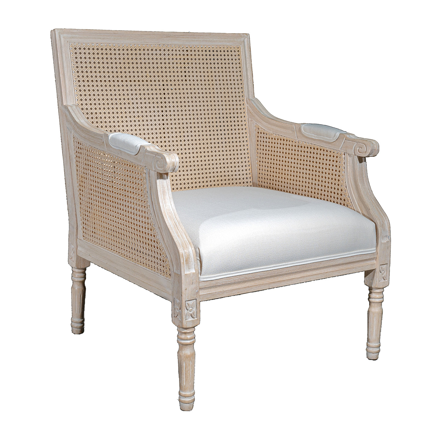 French Beige Rattan Accent Chair with Wood Frame
