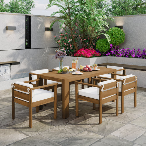 Outdoor Dining Set Acacia Wood Light Teak 7 Piece Rectangle Seats 6