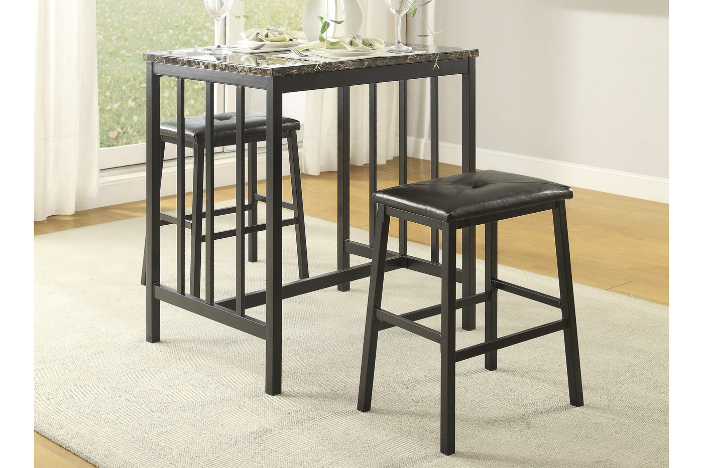 Black Metal Counter Height Dining Set with Faux Marble Top
