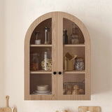Arched Wall Mounted Cabinet, Wood Veneer Wall Storage Cabinet with Tempered Glas