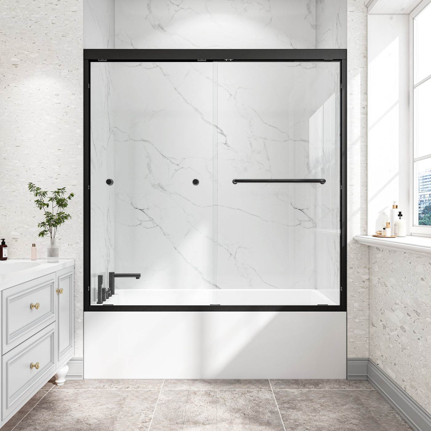 55"-60" W x 60" H Matte Black Sliding Shower Door Tempered Glass