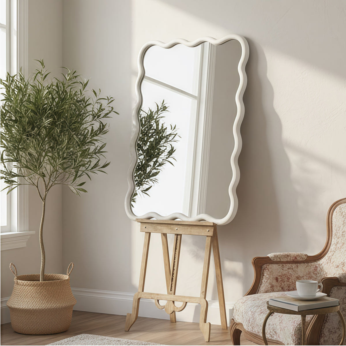 White Color 24'x36' Wavy Rectangle Solid Wood Frame Decorative Mirror,For Bedroo