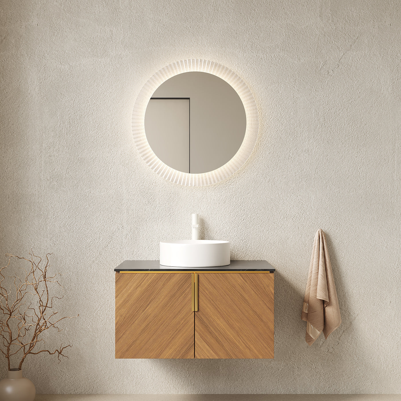 30' Bathroom Vanity with Sink, Wall-Mounted Plywood Cabinet Black Sintered Stone Top