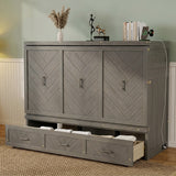 Queen Size Murphy Bed, Pine Wood Cabinet Bed with Built-in USB Charging Station and Geometrical Decoration Panel ,Grey