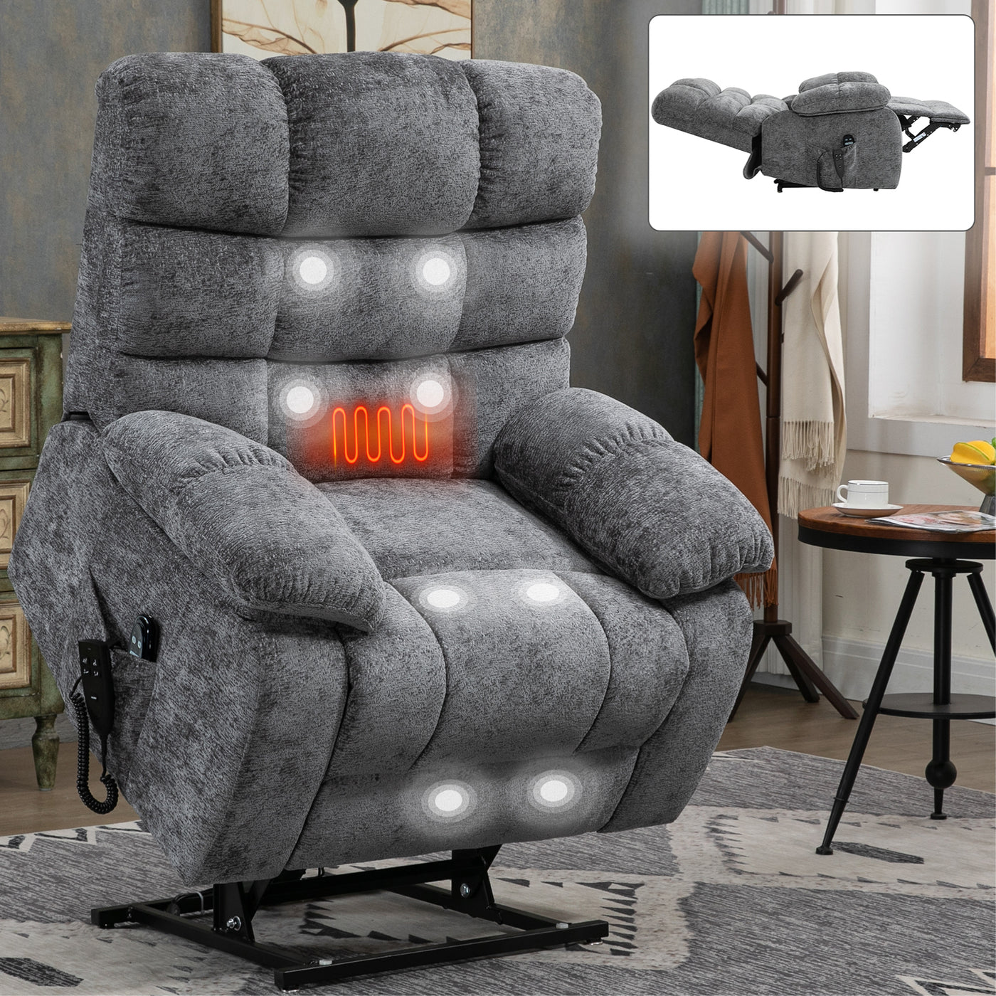 Lift Recliner Chair Heat Massage Dual Motor 350 LBS Grey Power