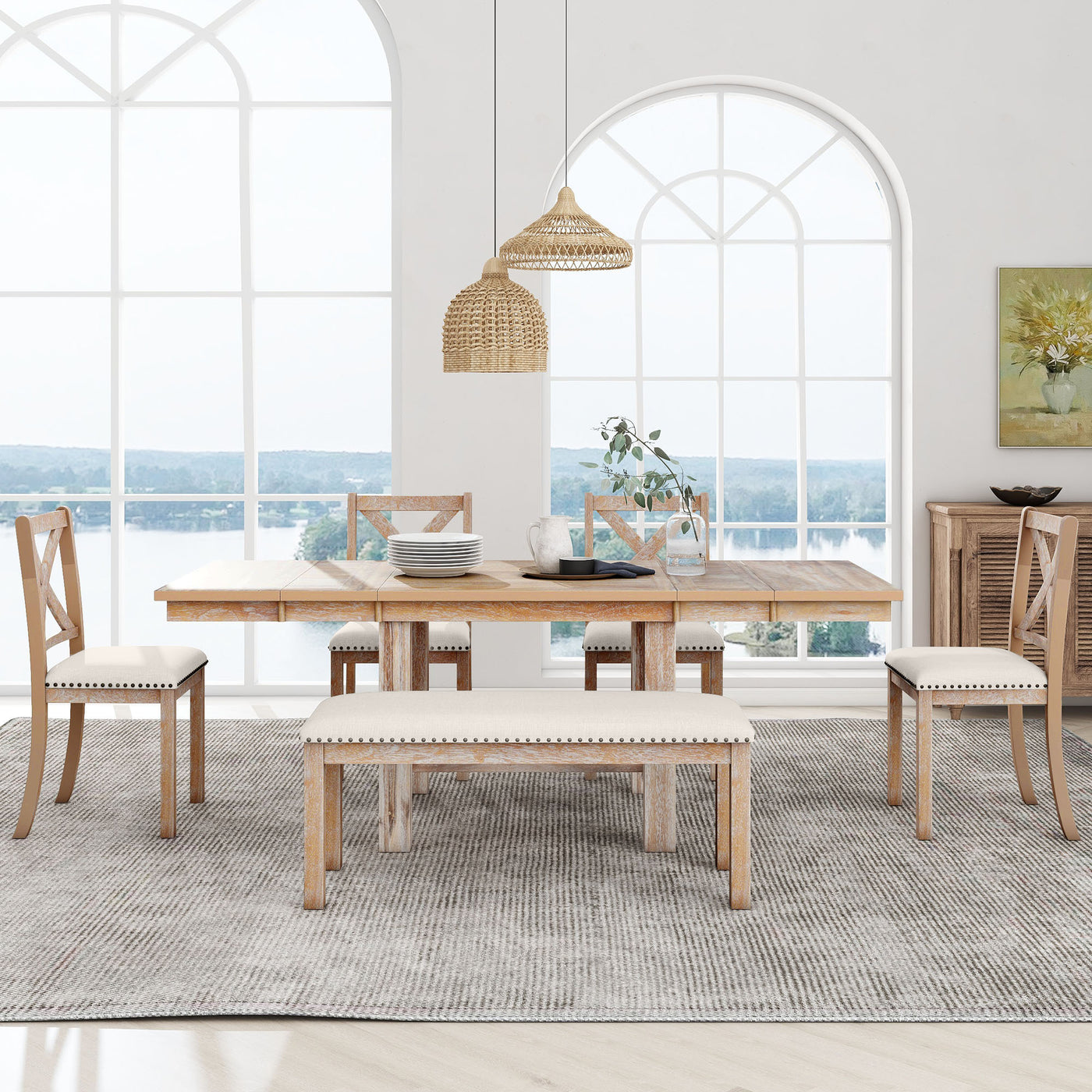 TOPMAX Farmhouse 82inch 6-Piece Extendable Dining Table with Footrest, 4 Upholstered Dining Chairs and Dining Bench, Two 11'Removable Leaf, Natural+Beige Cushion (old sku: SP000023AAN)