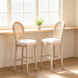 French Country 30" Bar Stools Set of 2 Beige Rattan Linen