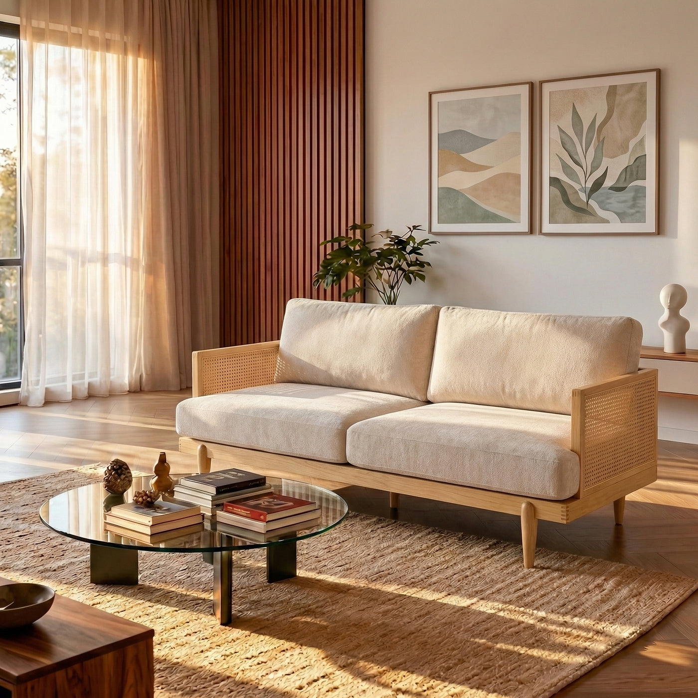 72" Square Arm 3-Seater Boucle Sofa with Rattan Cane