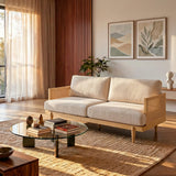 72" Square Arm 3-Seater Boucle Sofa with Rattan Cane