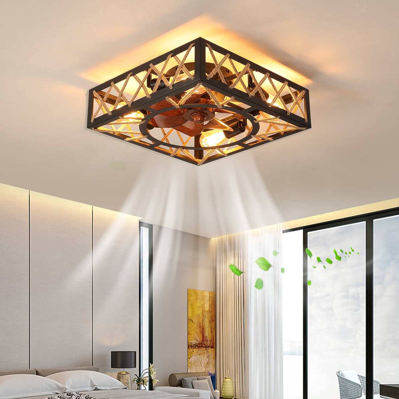 Farmhouse Rustic Square Caged Ceiling Fan with Remote Control