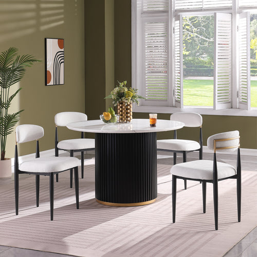 Modern 46' Round Dining Table Set for 4, Faux Marble Top with Black Wave Metal