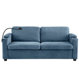 Navy Blue Corduroy Sleeper Sofa with USB Ports and Cup Holders