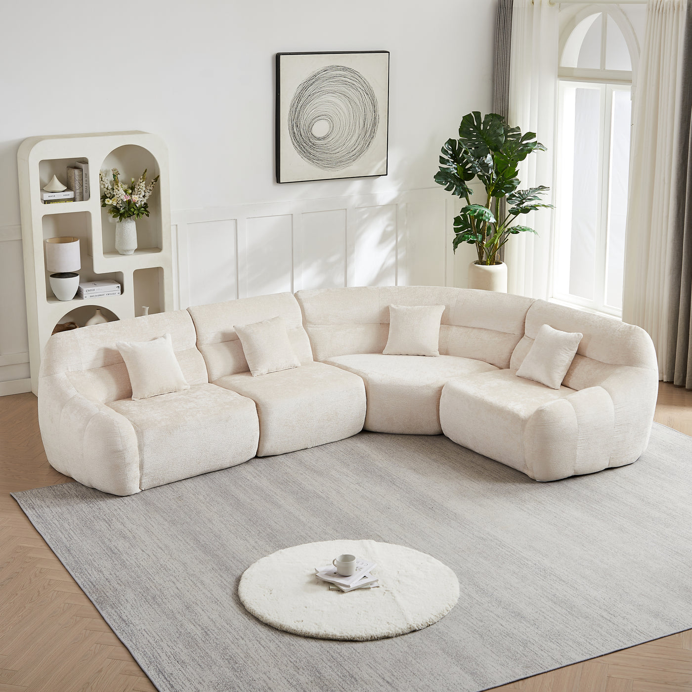 Sectional Sofa Curved Modular Chenille Beige 4 Seat 900 LB No Assembly